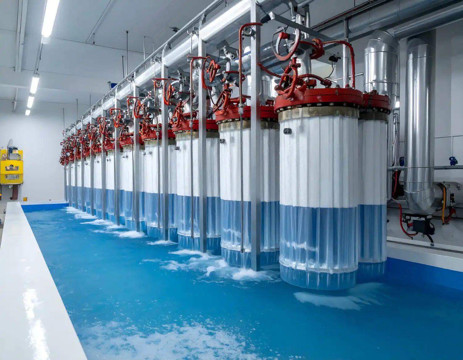 Sistema industrial de cloração em estação de tratamento de água, com múltiplos reatores cilíndricos e tubulações metálicas em ambiente de engenharia